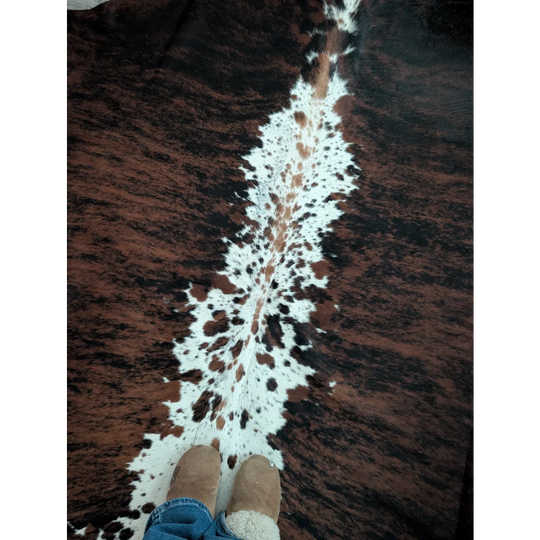 Brown and white spotted extra large cowhide rug tricolour
