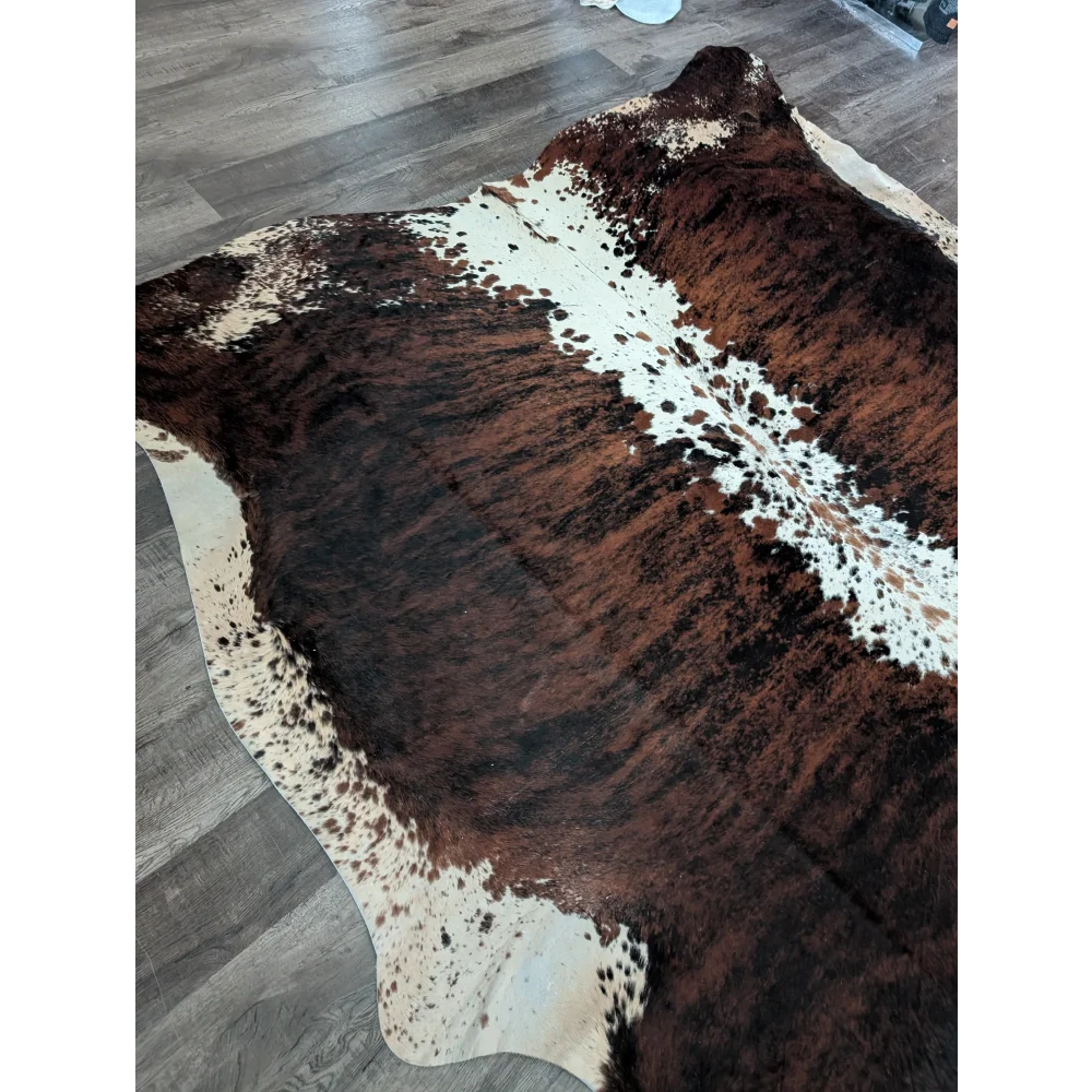 Brown and white extra large cowhide rug tricolour34 with natural fur texture perfect for beautiful rugs