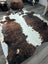 Extra large cowhide rug tricolour#49 with natural brown and white fur texture measuring 96 x 82 inches