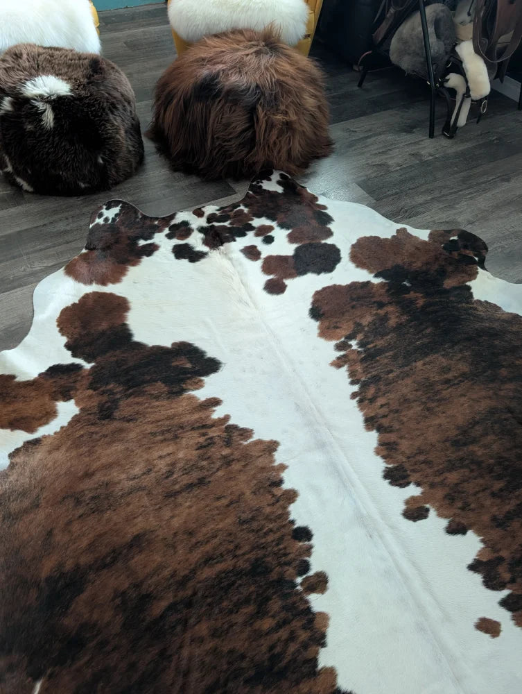 Brown and white tricolour#49 large cowhide rug with natural fur texture extra large 96 by 82 inches