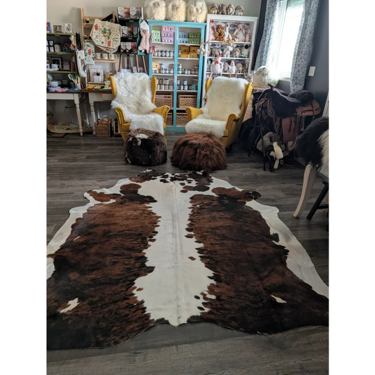Brown and white tricolour extra large cowhide rug with natural fur texture 96 by 82 inches large cowhide