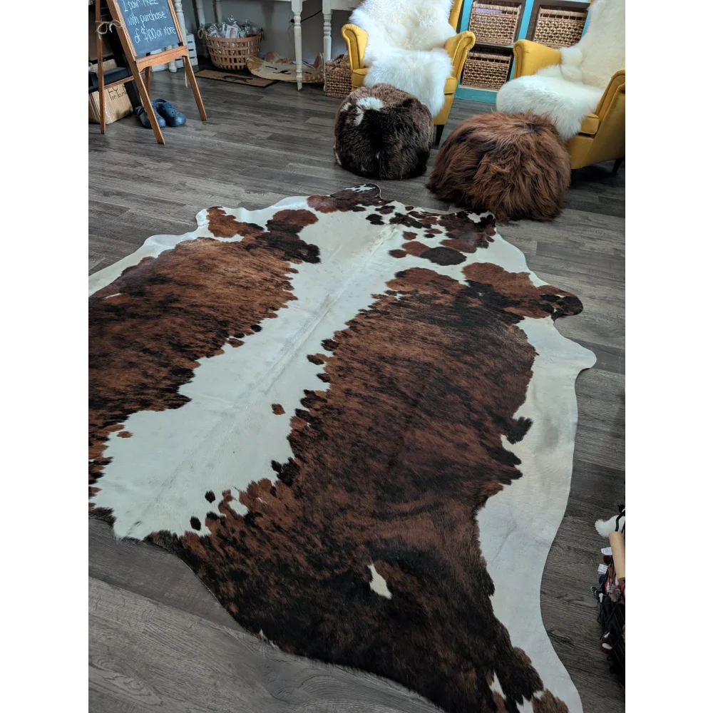 Brown and white extra large cowhide rug with natural irregular edges tricolour49 96 by 82 inches large cowhide