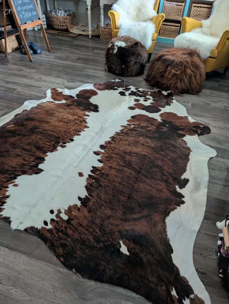 Brown and white extra large cowhide rug with natural irregular edges tricolour49 96 by 82 inches large cowhide