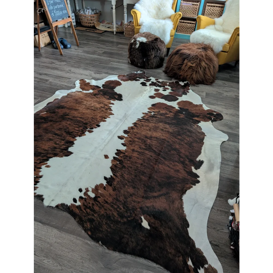 Brown and white extra large cowhide rug with natural irregular edges tricolour49 96 by 82 inches large cowhide