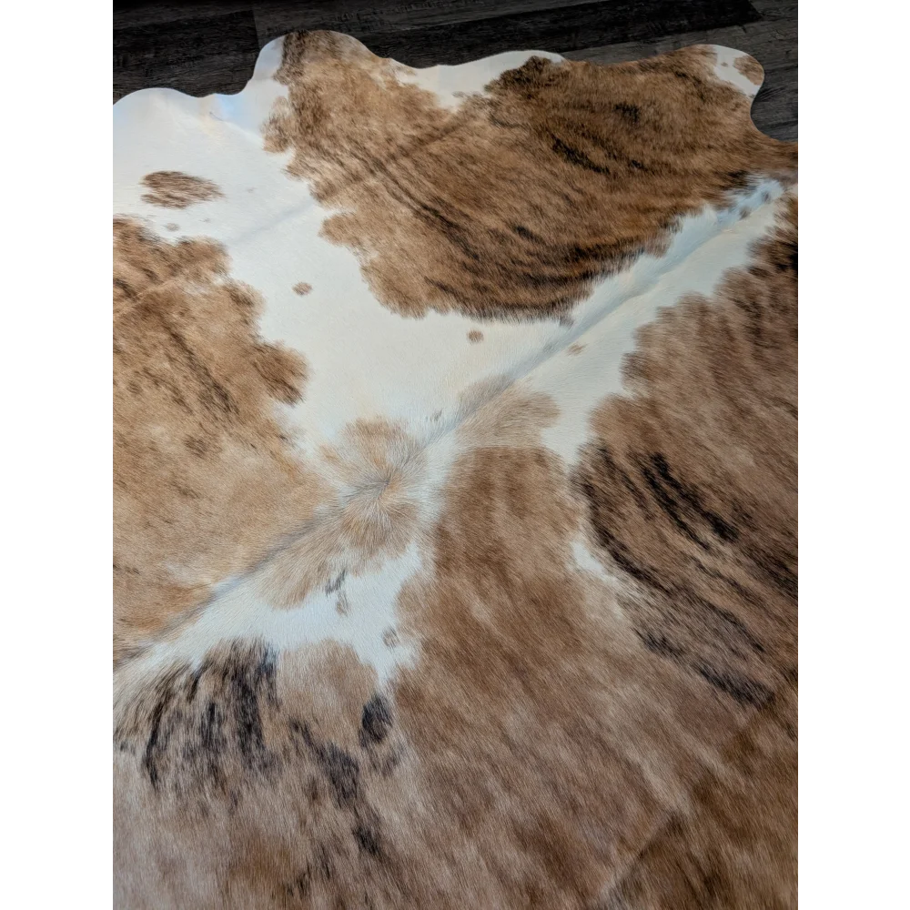 Brown and white extra large cowhide rug triColour553 with natural irregular edges 89 x 80 inches large cowhide
