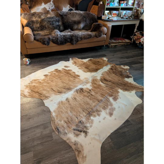 Extra large brown and white cowhide rug triColour553 with natural irregular patterns perfect large cowhide decor