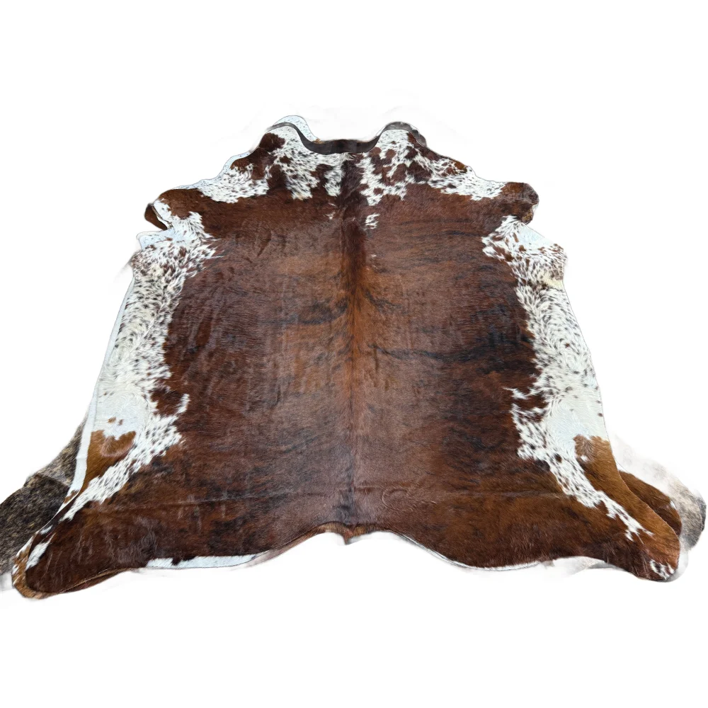 Brown and white beautiful extra large cowhide rug with natural irregular edges perfect large cowhide for any space
