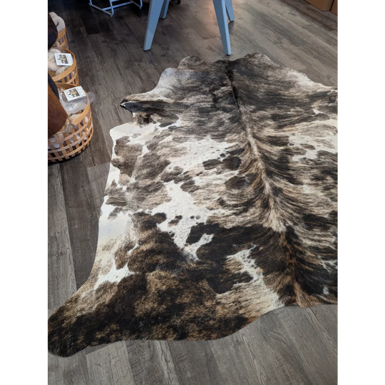 Brown and white extra large cowhide rug tricolour 95 with rustic charm and unique natural fur texture