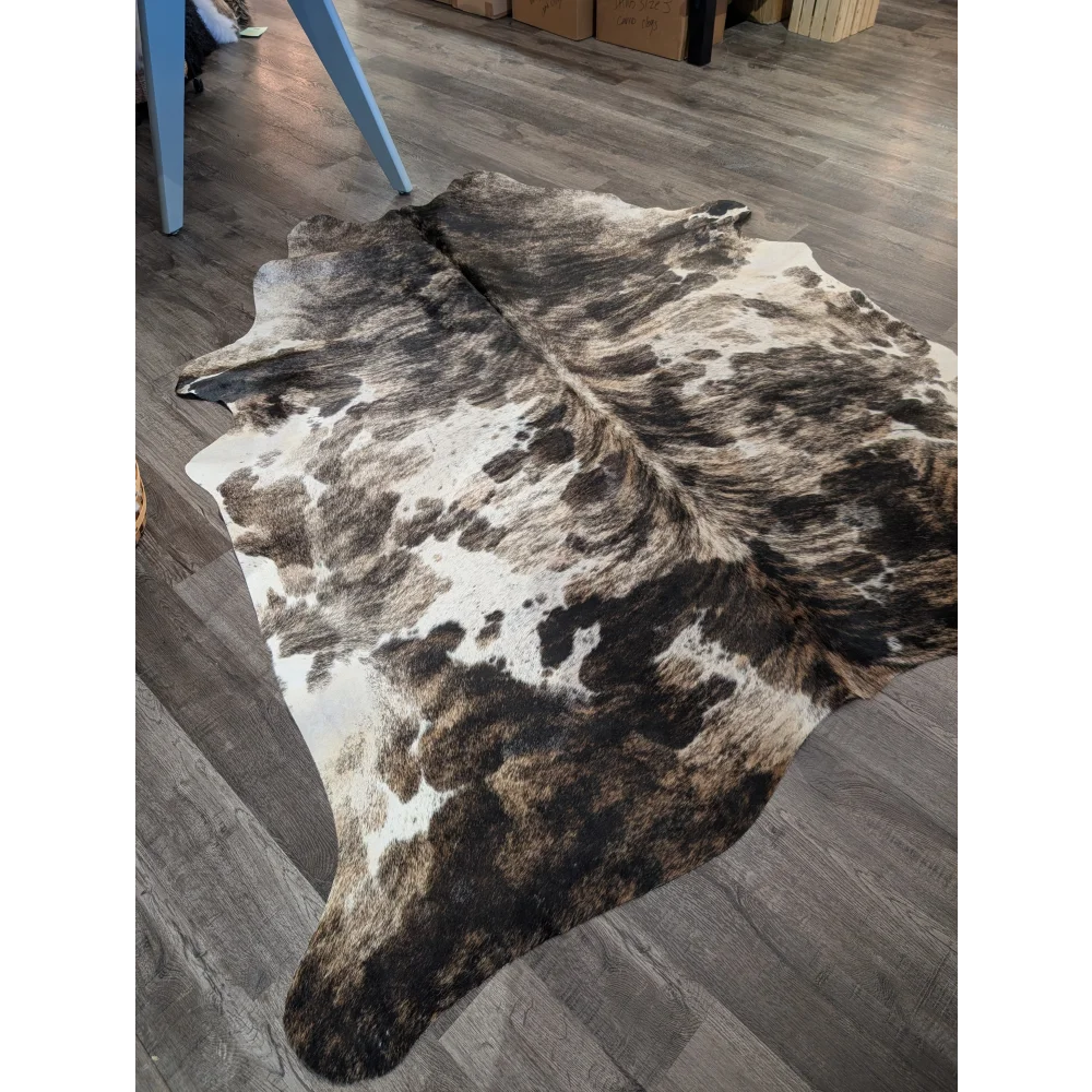 Extra large cowhide rug tricolour95 with rustic charm and unique brown and white natural irregular patterns