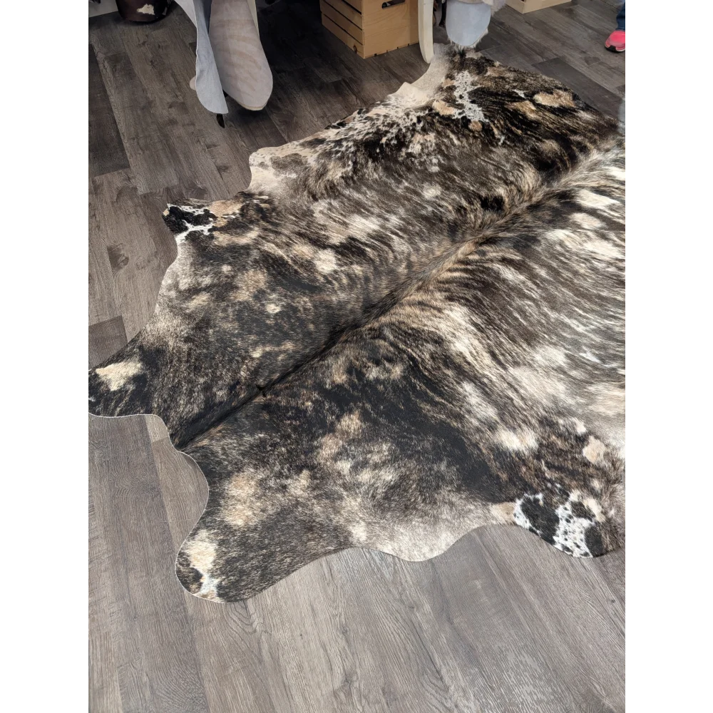 Tricolour 99 extra large cowhide rug with rustic charm featuring unique black white and tan mottled patches