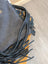 Denim-fringed tumbleweed 2 shoulder bag with smoky charcoal hand tooled patch and zippered pocket straps