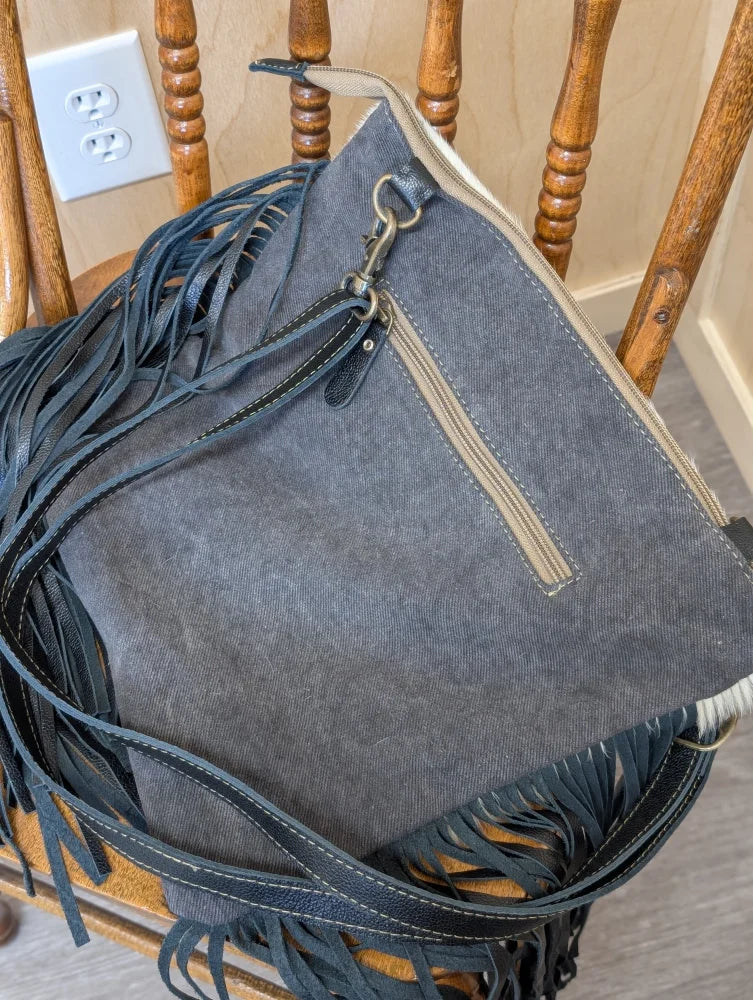 Tumbleweed #2 smoky charcoal dark gray denim crossbody bag with black leather fringe and hand tooled zippered pocket
