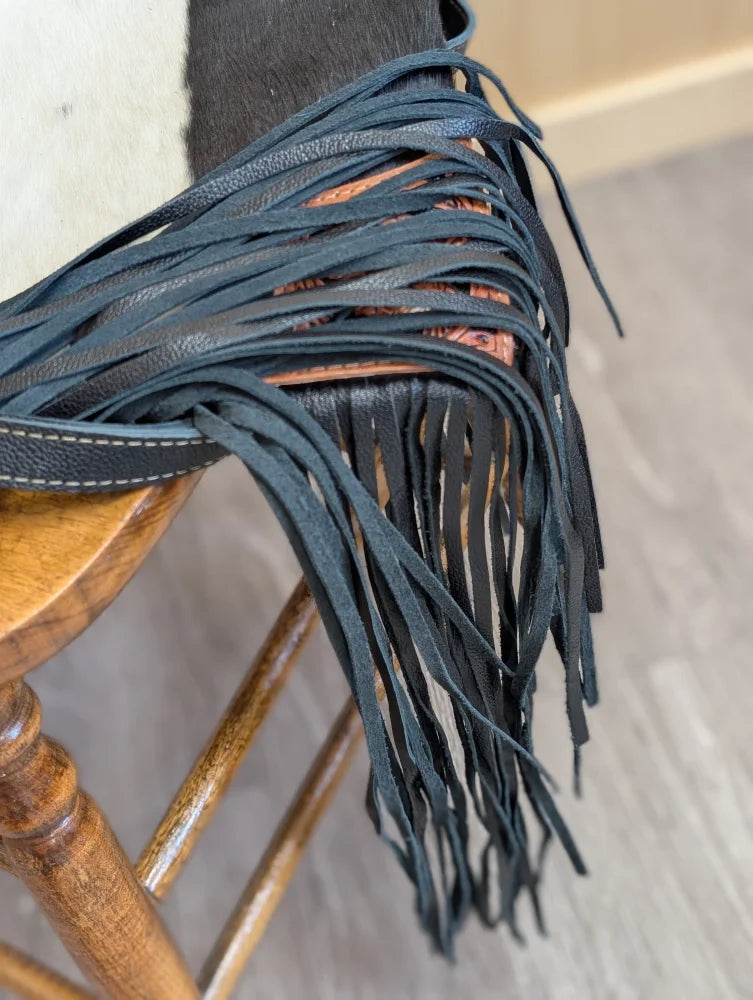 Tumbleweed #2 gorgeous tassel purse with black leather fringe strap, hand tooled smoky charcoal zippered pocket, stitched edges