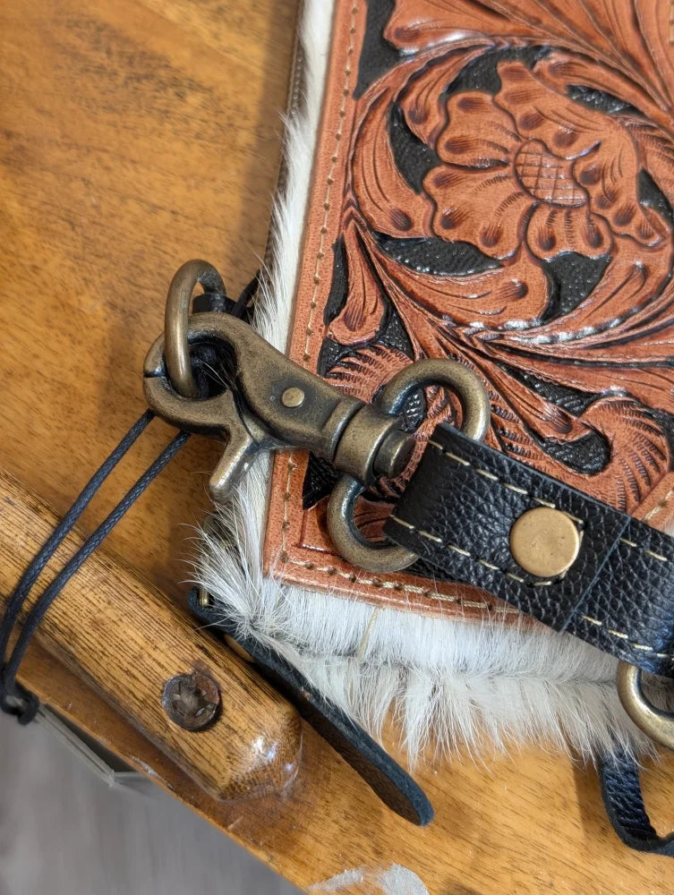 Tumbleweed #2 gorgeous tassel purse with hand tooled tan leather, intricate floral design, black stitched edges, white fur trim