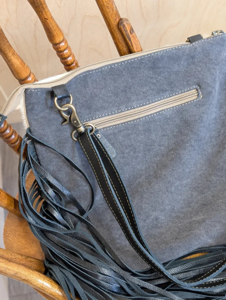 Blue denim tote bag tumbleweed #2 with black leather fringe smoky charcoal hand tooled zippered pocket
