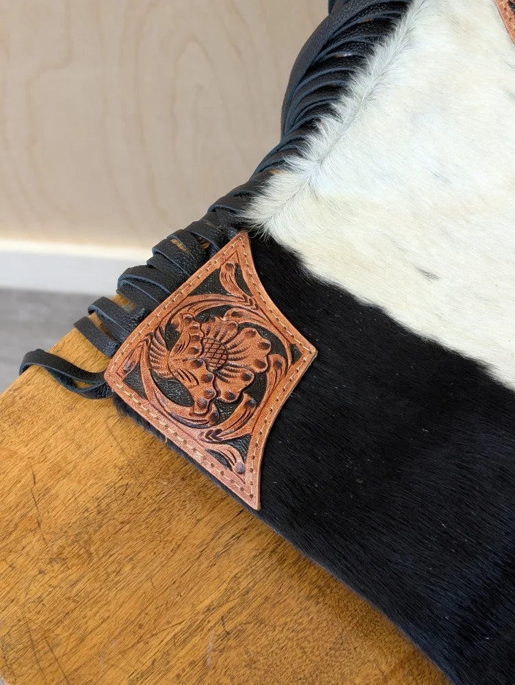 Tumbleweed 2 gorgeous tassel purse with hand tooled tan leather patch and black-and-white smoky charcoal cowhide strap