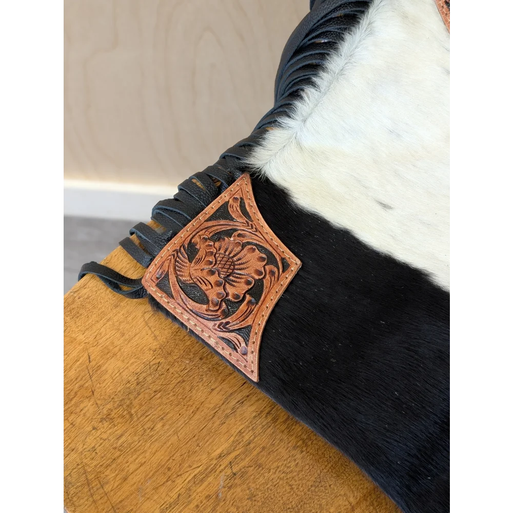 Tumbleweed 2 gorgeous tassel purse with hand tooled tan leather patch and black-and-white smoky charcoal cowhide strap