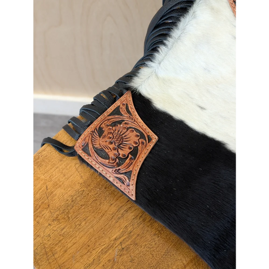 Tumbleweed 2 gorgeous tassel purse with hand tooled tan leather patch and black-and-white smoky charcoal cowhide strap