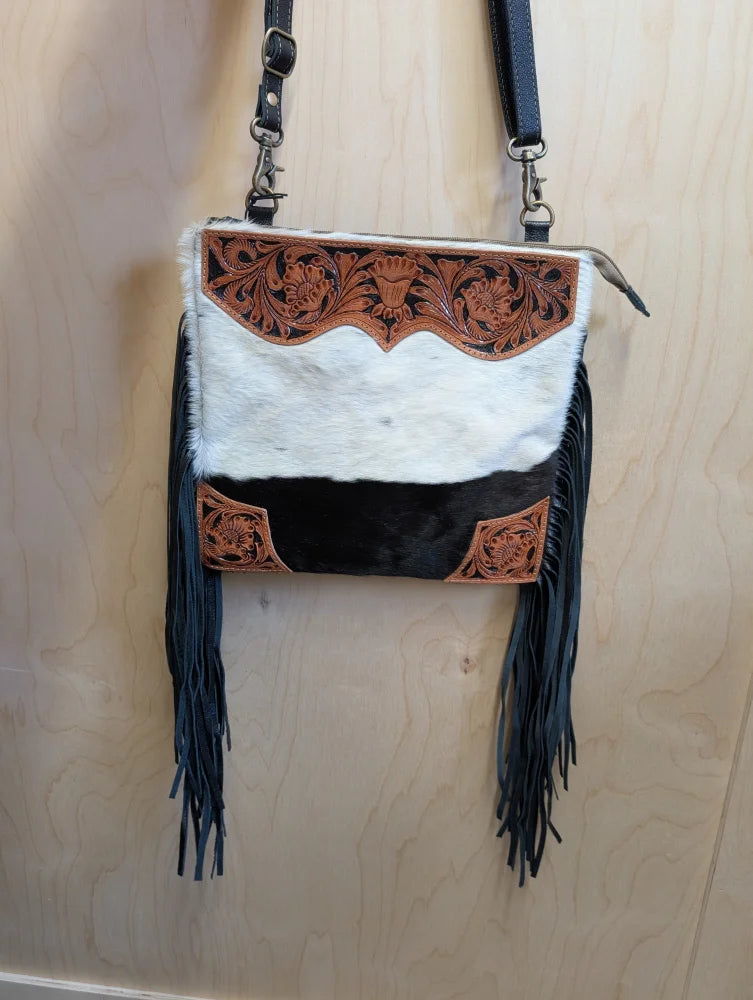 Tumbleweed #2 gorgeous tassel purse with smoky charcoal zippered pocket black white cowhide and hand tooled brown floral