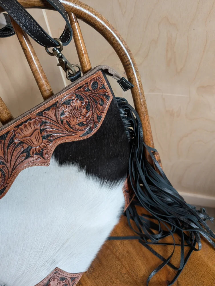 Tumbleweed 4 gorgeous tassel purse with hand tooled brown leather, smoky charcoal fringe, zippered pocket, and cowhide panels