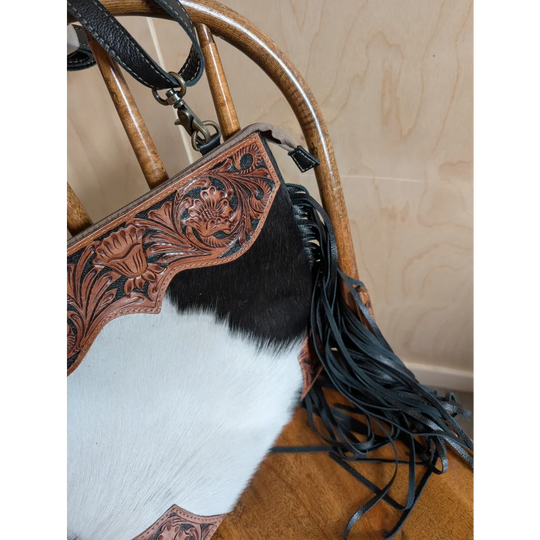 Tumbleweed 4 gorgeous tassel purse with hand tooled brown leather, smoky charcoal fringe, zippered pocket, and cowhide panels