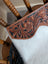 Tumbleweed 4 hand tooled brown leather tassel purse with smoky charcoal zippered pocket and white cowhide texture