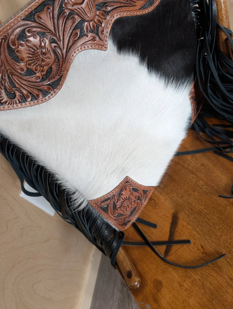 Tumbleweed 4 gorgeous tassel purse in smoky charcoal black and white cowhide with hand tooled brown leather and zippered pocket