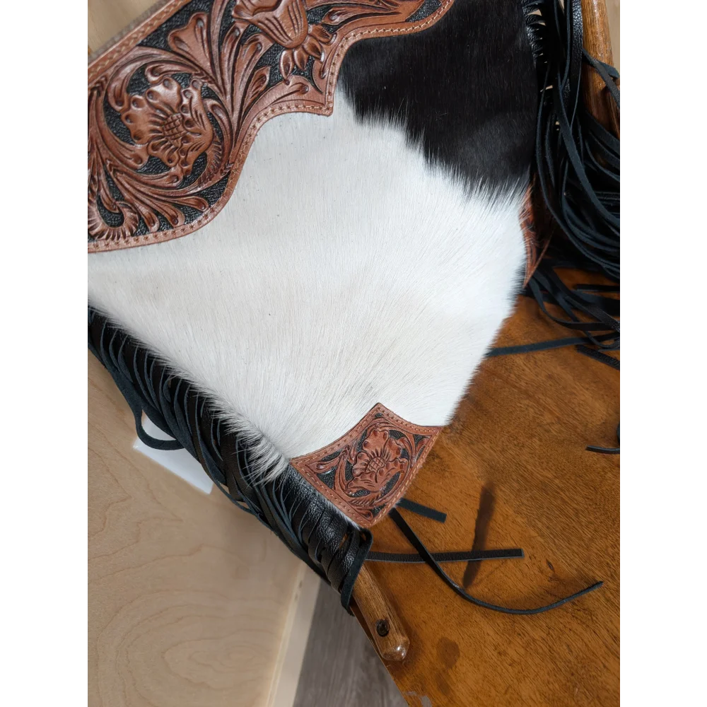 Tumbleweed 4 gorgeous tassel purse in smoky charcoal black and white cowhide with hand tooled brown leather and zippered pocket
