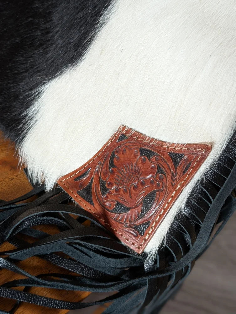 Tumbleweed #5 heart gorgeous tassel purse with hand tooled brown leather patch and smoky charcoal zippered pocket