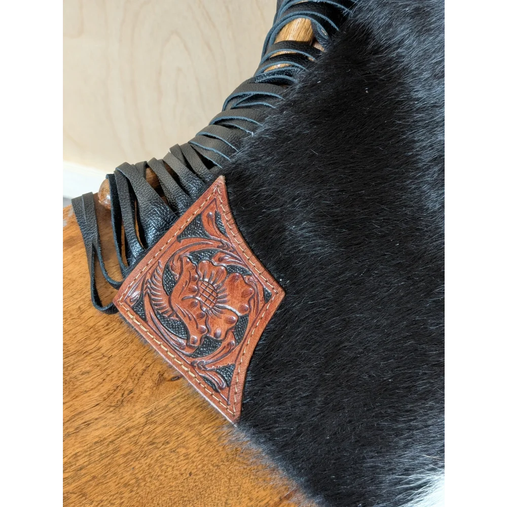 Tumbleweed 5 gorgeous tassel purse with hand tooled brown leather patch and black stitched edges on smoky charcoal boot