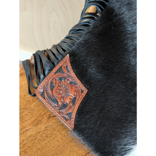Tumbleweed 5 gorgeous tassel purse with hand tooled brown leather patch and black stitched edges on smoky charcoal boot