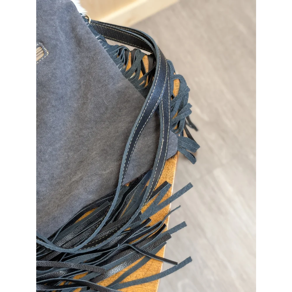 Tumbleweed 5 denim-fringed shoulder bag with smoky charcoal black leather straps hand tooled with zippered pocket