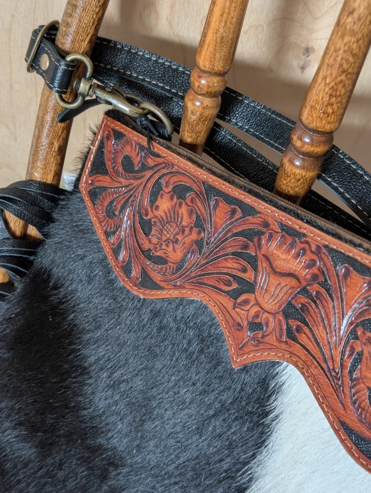 Tumbleweed #5 gorgeous tassel purse with hand tooled floral and skull brown leather flap and smoky charcoal zippered pocket