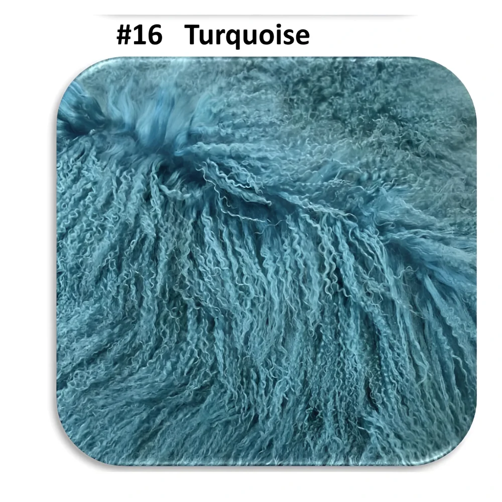 Turquoise angus oliver sheepskin rug with frayed edges and soft fur texture