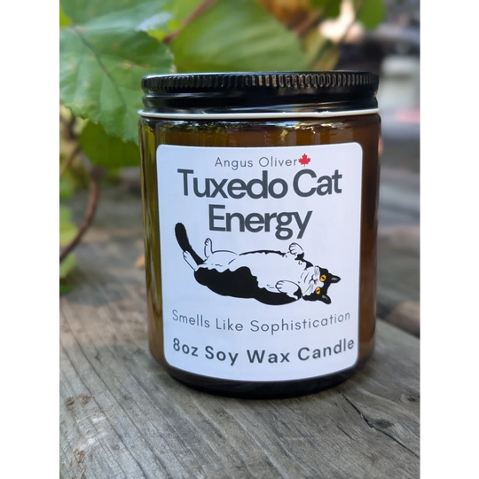 8oz soy wax tuxedo cat candle in black and white design