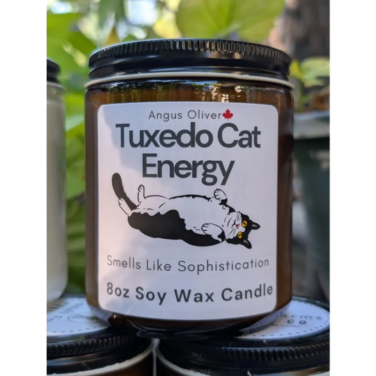 8oz Tuxedo Cat Candle with soy wax and sophisticated scent