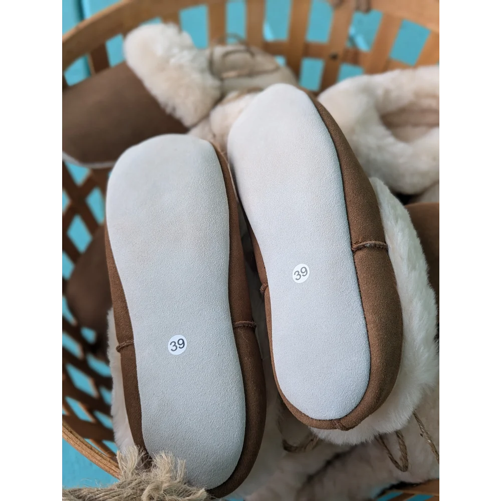 Cozy brown and white sheepskin slippers, size 10us, soft fluffy clouds