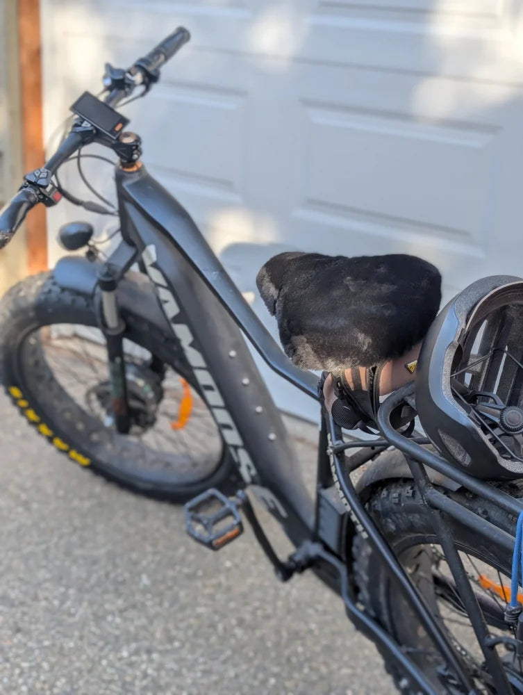 2019 Specialized Turbo Levo ebike with sheepskin bicycle seat cover