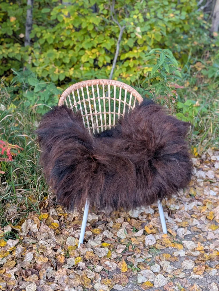A cozy dark rusty icelandic sheepskin throw draped over a woven rattan chair with white metal legs