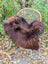 A plush deep brown wool icelandic sheepskin throw draped over a woven rattan chair with white metal legs