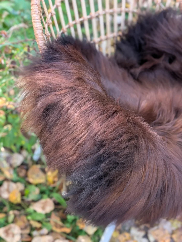 A large 49 by 31 inch natural dark rusty icelandic sheepskin with plush long-haired wool texture