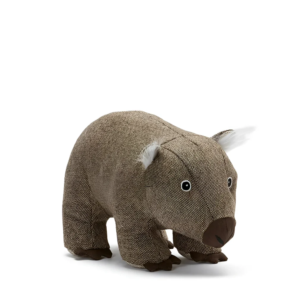 Wally the wombat brown textured fabric koala doorstop with white ear tufts and dark brown nose inspired by angus oliver