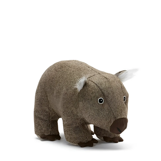 Wally the wombat brown textured fabric koala doorstop with white ear tufts and dark brown nose inspired by angus oliver