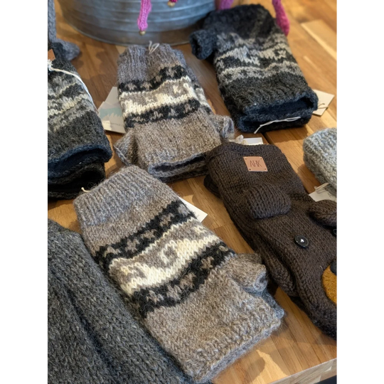 Cozy Wave Hand Warmers with New Zealand wool knitted exterior in gray and white Fair Isle pattern
