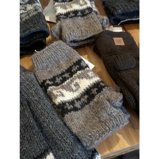 Cozy Wave Hand Warmers: charcoal gray and white fair isle mittens with black accents and Zealand wool knitted exterior