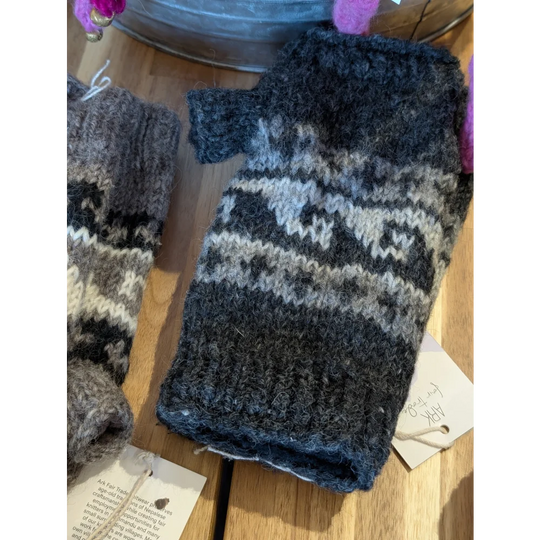 Charcoal gray Wave Hand Warmers with Zealand wool fair isle pattern