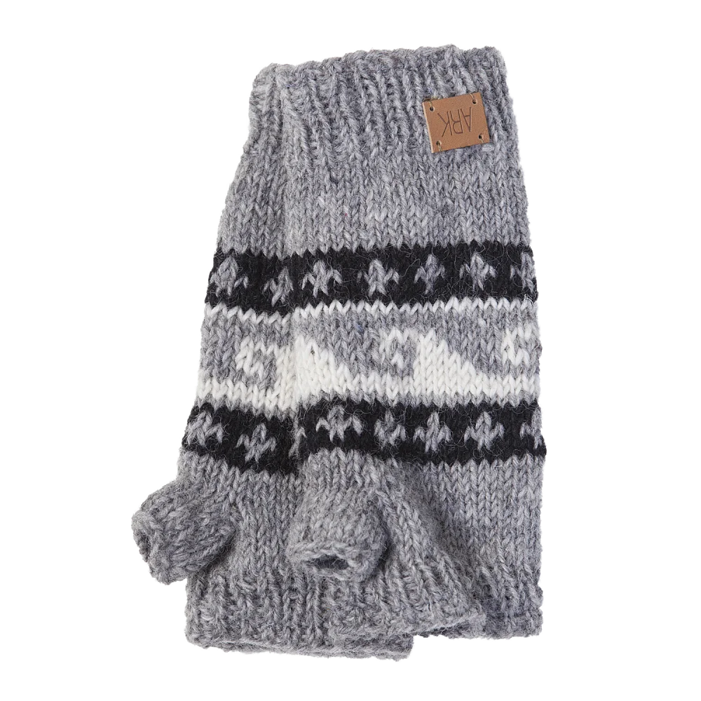 Cozy Wave Hand Warmers: grey and black fair isle wool knitted exterior mittens with leather patch
