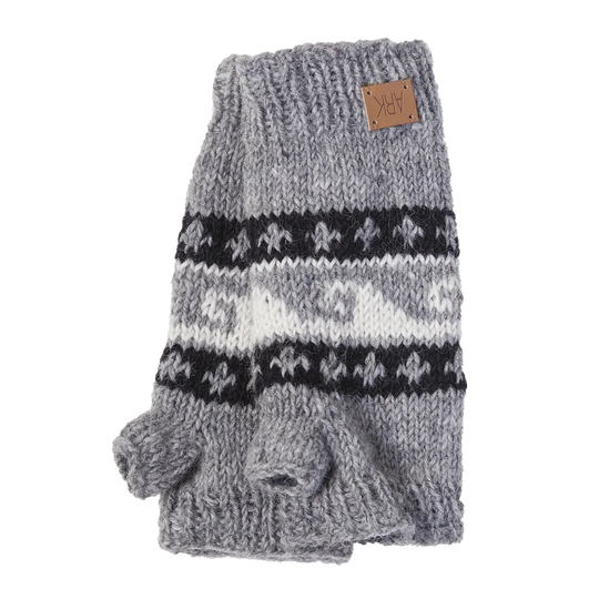 Cozy Wave Hand Warmers: grey and black fair isle wool knitted exterior mittens with leather patch