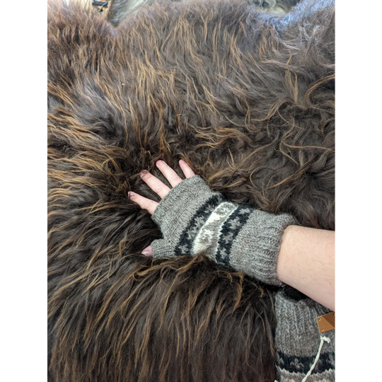 Wave hand warmers: gray fingerless gloves with wool knitted exterior