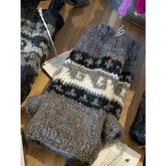 Cozy charcoal gray and white fair isle Wave Hand Warmers with wool knitted exterior